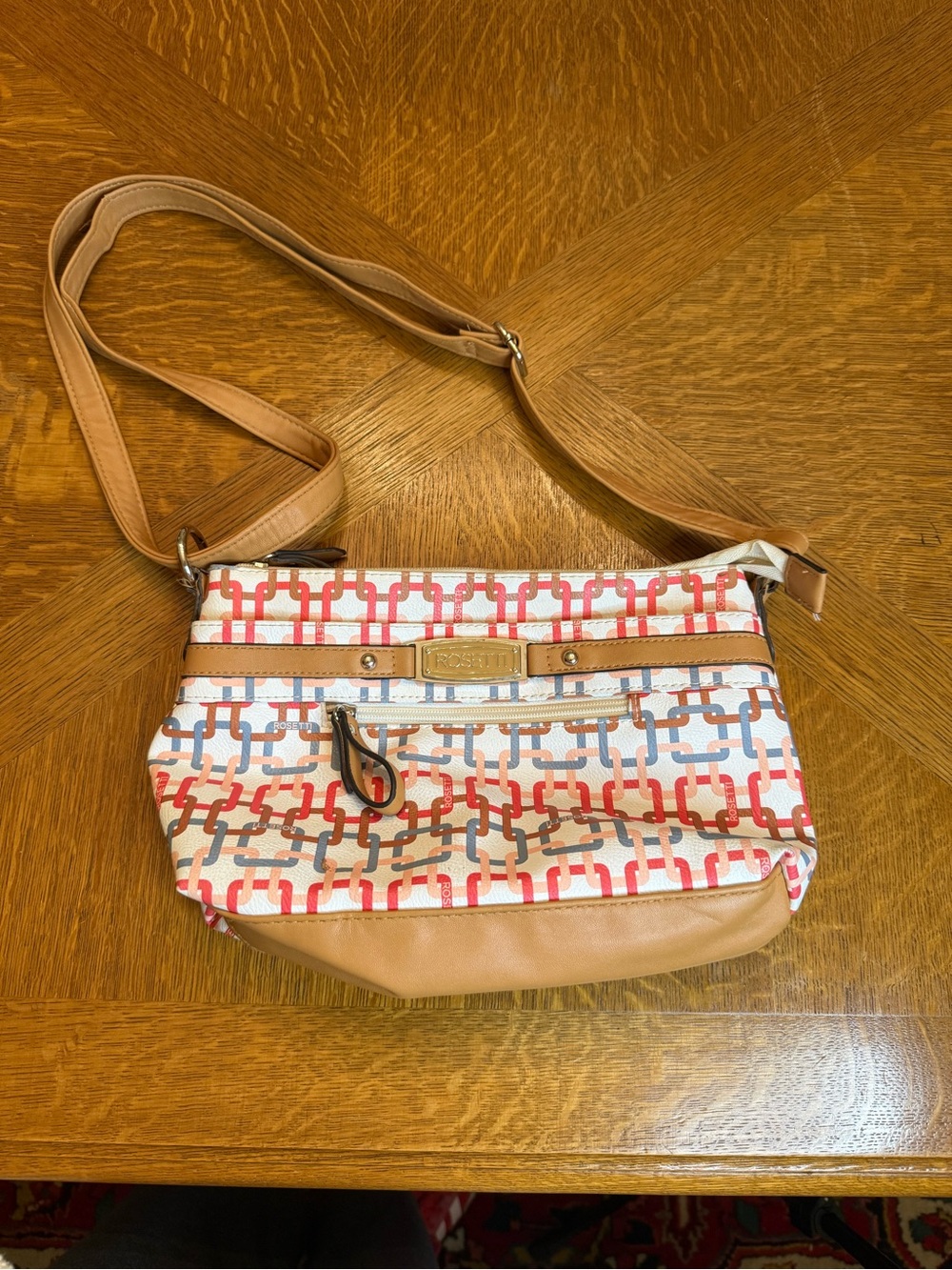 Rossetti Tan Crossbody Tote with Red & Gray Chain Pattern